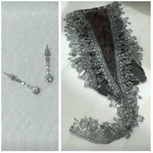 Bundle: Gray Lightweight Lace Scarf & Fashion Jewelry Dangle Diamond Earrings